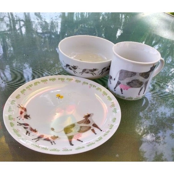 Asahi Dining Asahi Japan Cow Family Childs 3 Piece Plate Bowl And